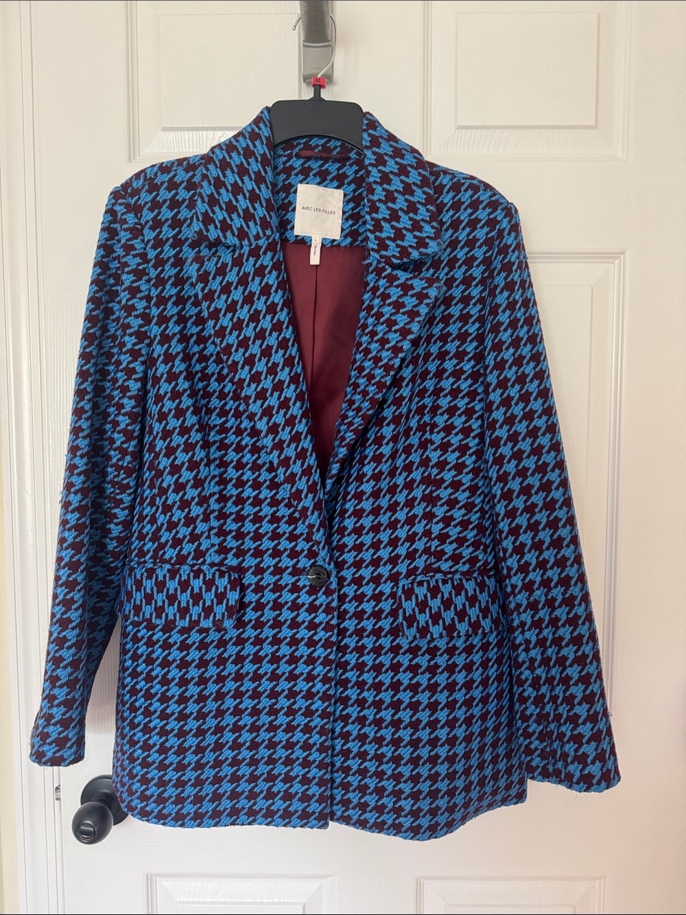 Avec Les Filles Blue & Cranberry Houndstooth Blazer Jacket